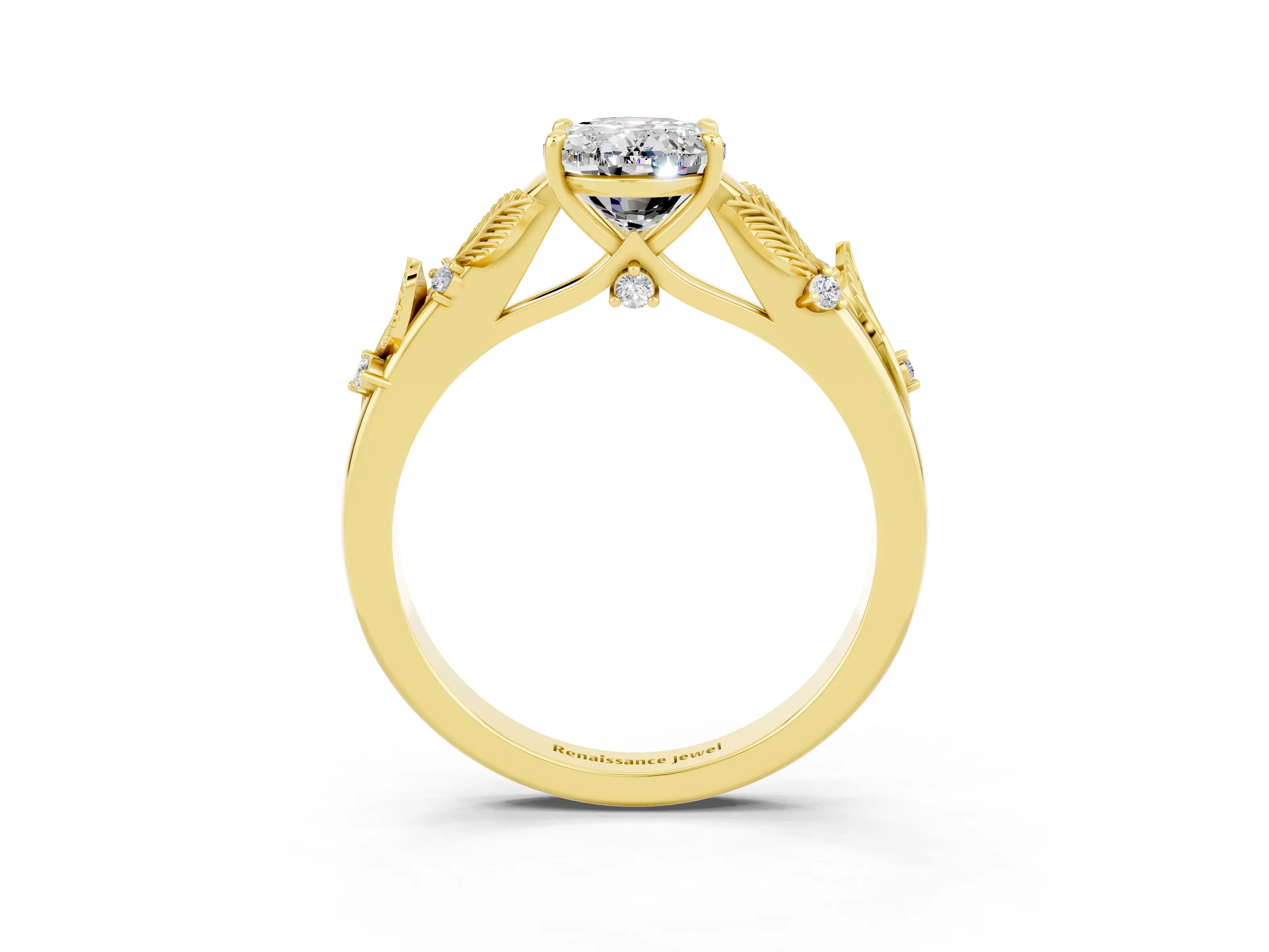 Yellow gold Oval Cut Moissanite Solitaire Ring with Leaf Motif Band and Four-Prong Setting_3
