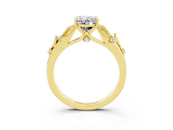 Yellow gold Oval Cut Moissanite Solitaire Ring with Leaf Motif Band and Four-Prong Setting