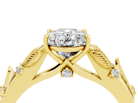 Yellow gold Oval Cut Moissanite Solitaire Ring with Leaf Motif Band and Four-Prong Setting_4