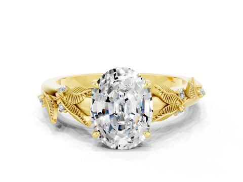 Yellow gold Oval Cut Moissanite Solitaire Ring with Leaf Motif Band and Four-Prong Setting