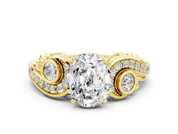 Yellow gold Oval Cut Moissanite Solitaire Ring with Milgrain Pavé Band and Four-Prong Setting