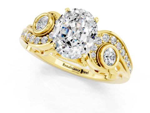 Yellow gold Oval Cut Moissanite Solitaire Ring with Milgrain Pavé Band and Four-Prong Setting_25