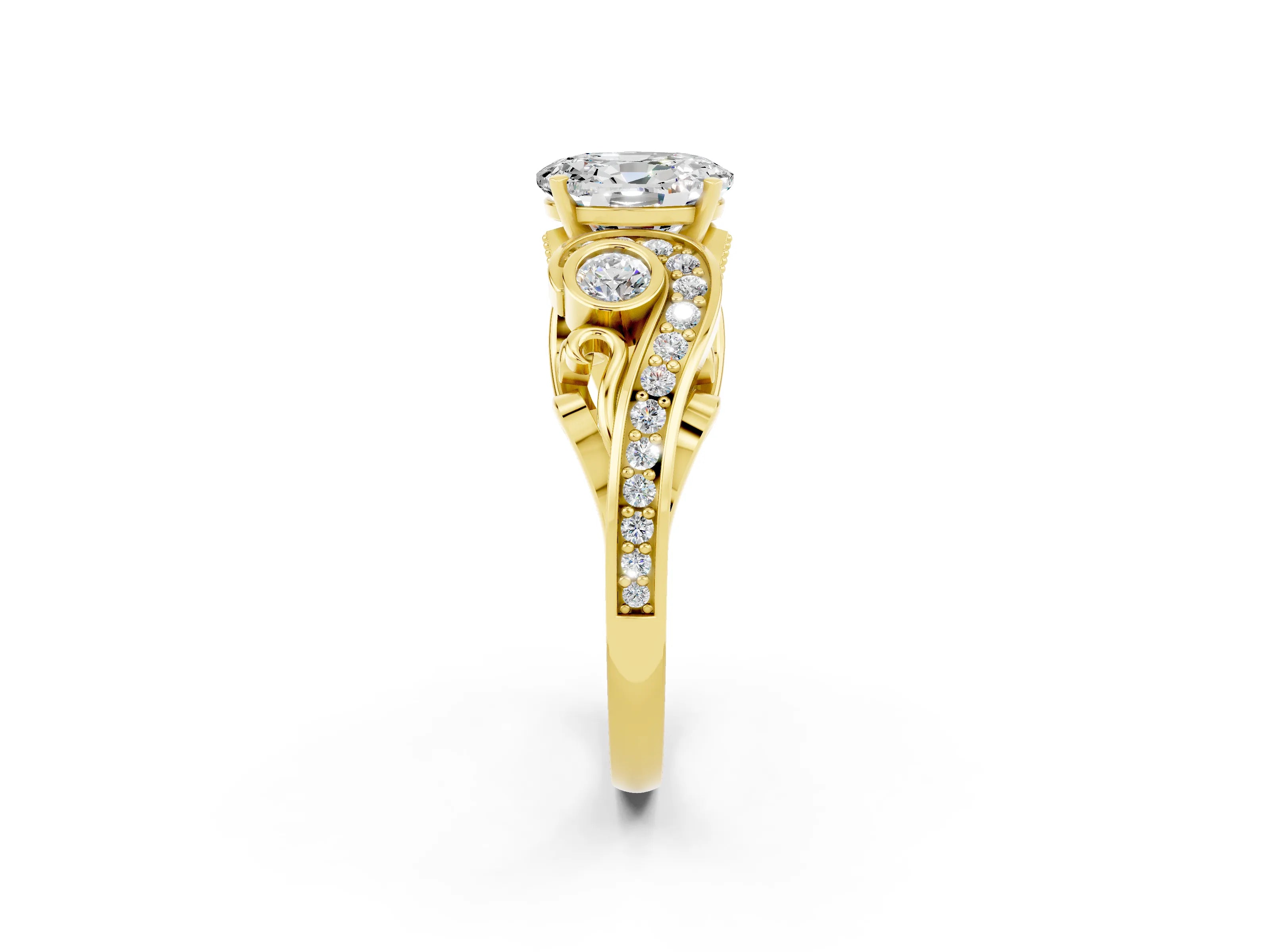 Yellow gold Oval Cut Moissanite Solitaire Ring with Milgrain Pavé Band and Four-Prong Setting_26