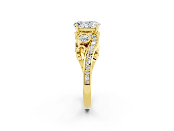 Yellow gold Oval Cut Moissanite Solitaire Ring with Milgrain Pavé Band and Four-Prong Setting