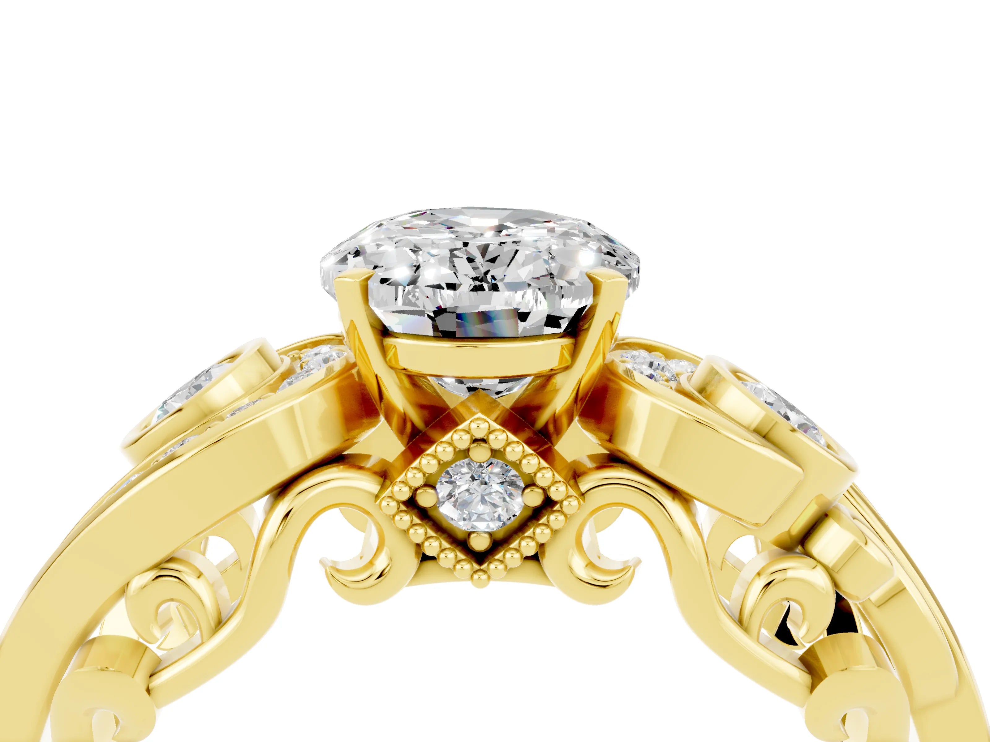 Yellow gold Oval Cut Moissanite Solitaire Ring with Milgrain Pavé Band and Four-Prong Setting_28
