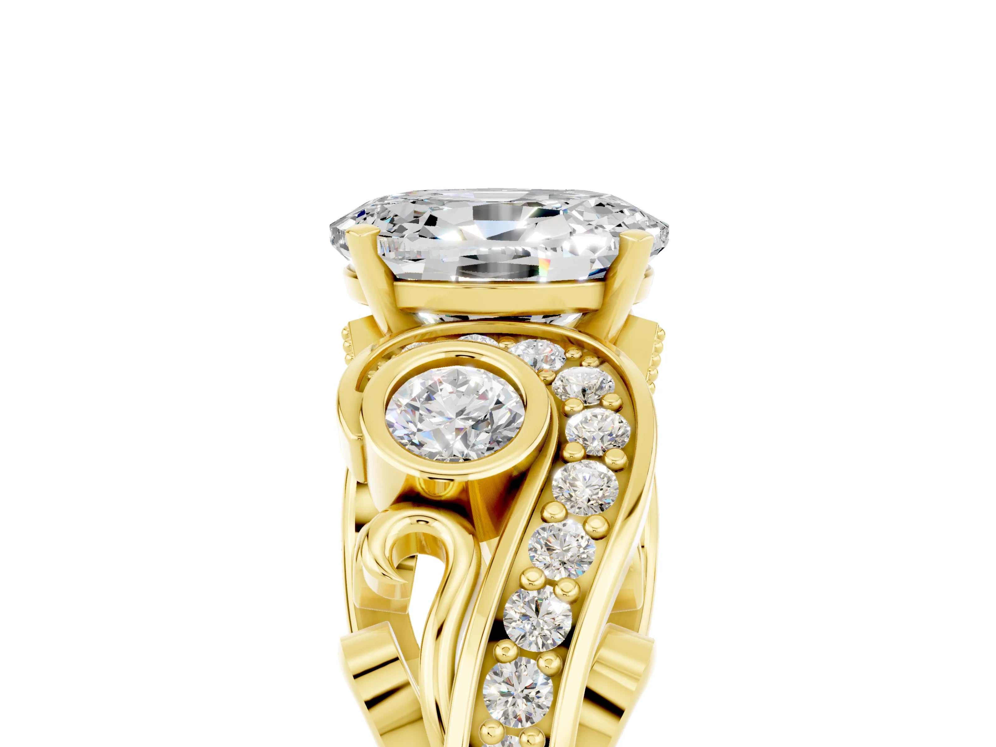 Yellow gold Oval Cut Moissanite Solitaire Ring with Milgrain Pavé Band and Four-Prong Setting_29