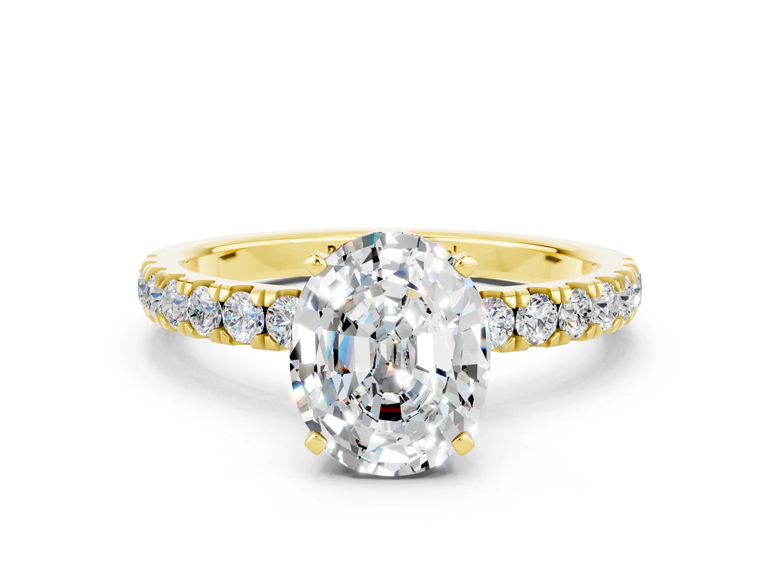 Yellow gold Oval Cut Moissanite Solitaire Ring with Pavé Accents and Four-Prong Setting