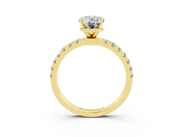 Yellow gold Oval Cut Moissanite Solitaire Ring with Pavé Accents and Four-Prong Setting