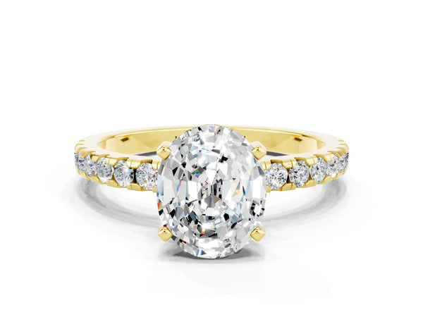 Yellow gold Oval Cut Moissanite Solitaire Ring with Round  Pavé Band and Four-Prong Setting