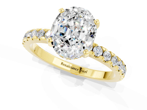 Yellow gold Oval Cut Moissanite Solitaire Ring with Round  Pavé Band and Four-Prong Setting