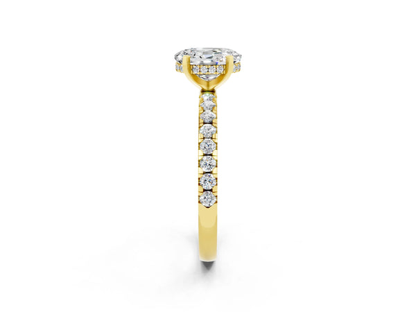 Yellow gold Oval Cut Moissanite Solitaire Ring with Round  Pavé Band and Four-Prong Setting