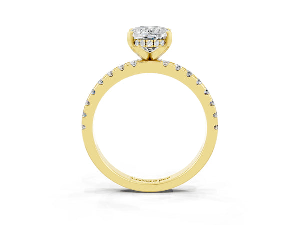 Yellow gold Oval Cut Moissanite Solitaire Ring with Round  Pavé Band and Four-Prong Setting