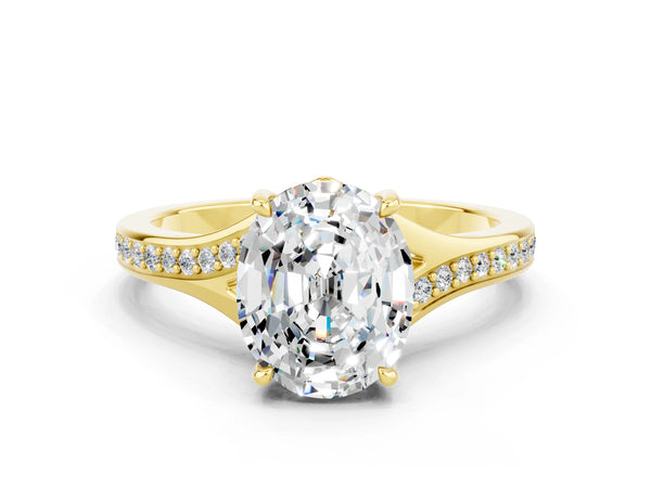 Yellow gold Oval Cut Moissanite Solitaire Ring with Pavé Band and Prong Setting