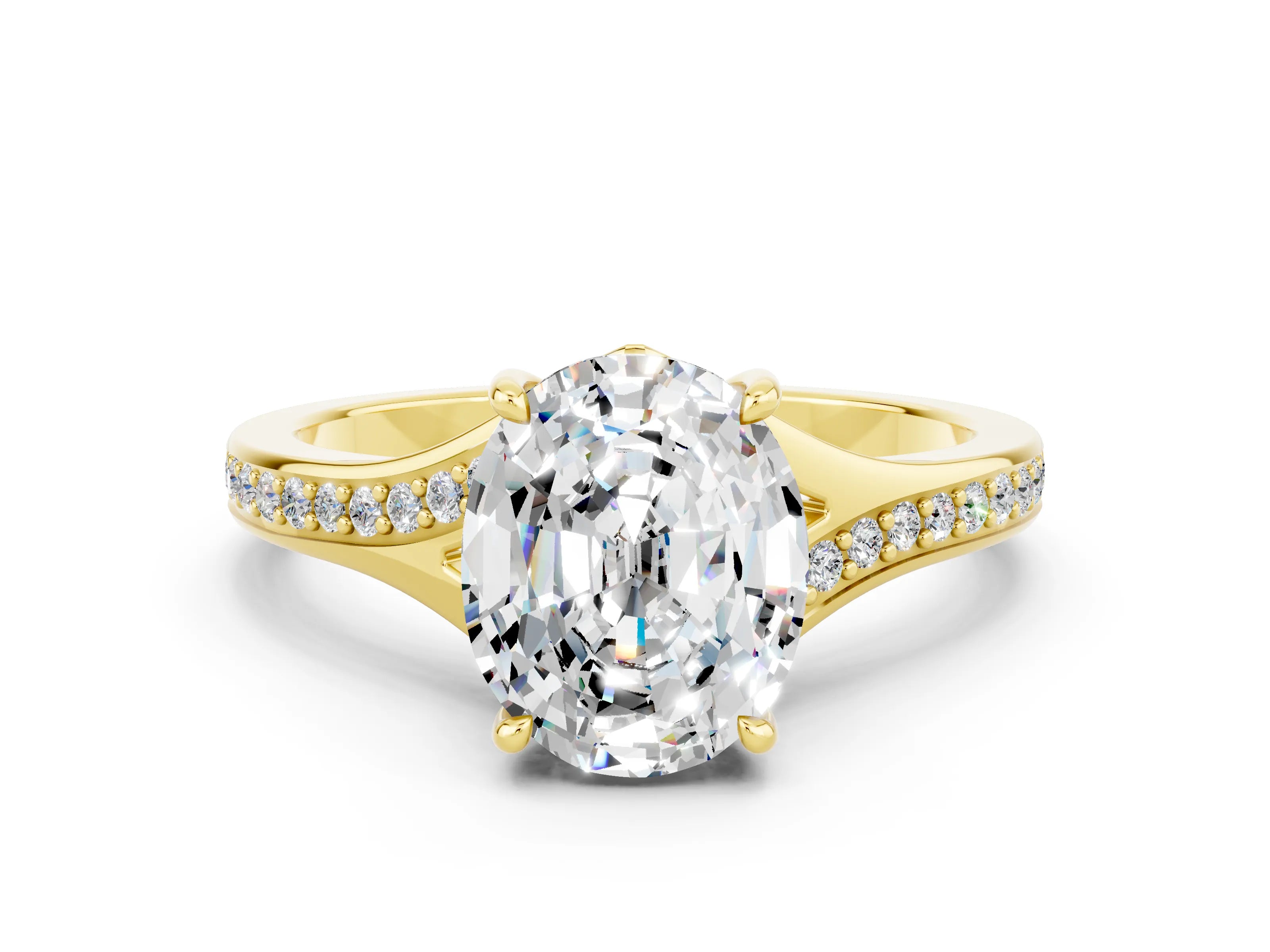 Yellow gold Oval Cut Moissanite Solitaire Ring with Pavé Band and Prong Setting_12