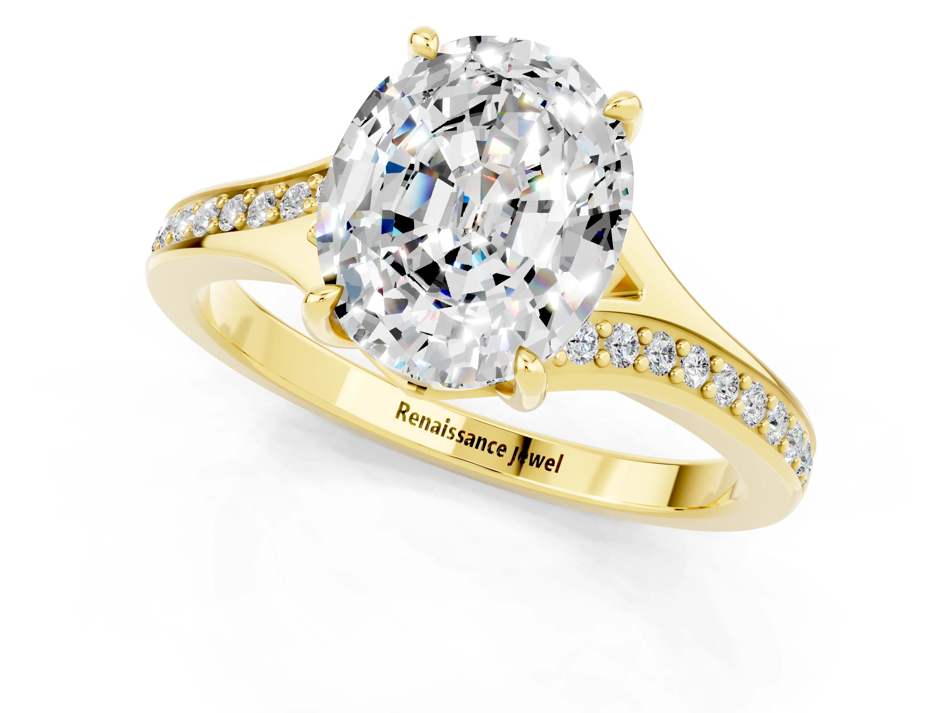 Yellow gold Oval Cut Moissanite Solitaire Ring with Pavé Band and Prong Setting_13