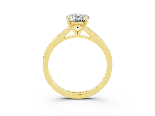 Yellow gold Oval Cut Moissanite Solitaire Ring with Pavé Band and Prong Setting