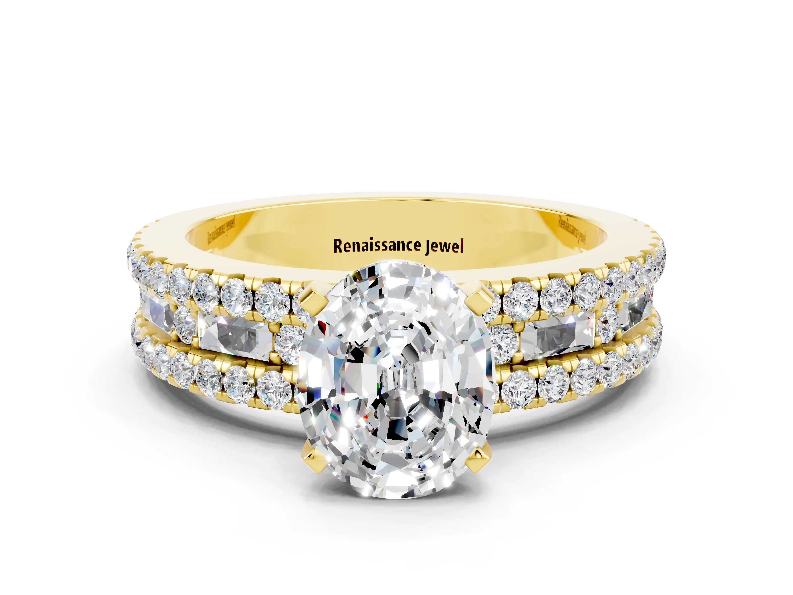 Yellow gold Oval Cut Moissanite Solitaire Ring with Pavé and Channel Set Band