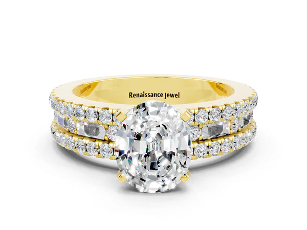 Yellow gold Oval Cut Moissanite Solitaire Ring with Pavé and Channel Set Band