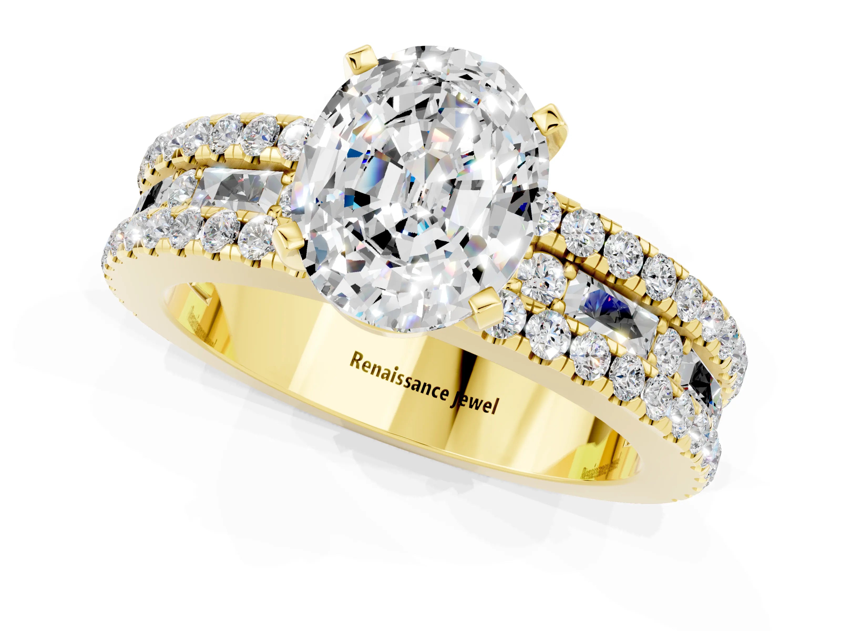 Yellow gold Oval Cut Moissanite Solitaire Ring with Pavé and Channel Set Band_1