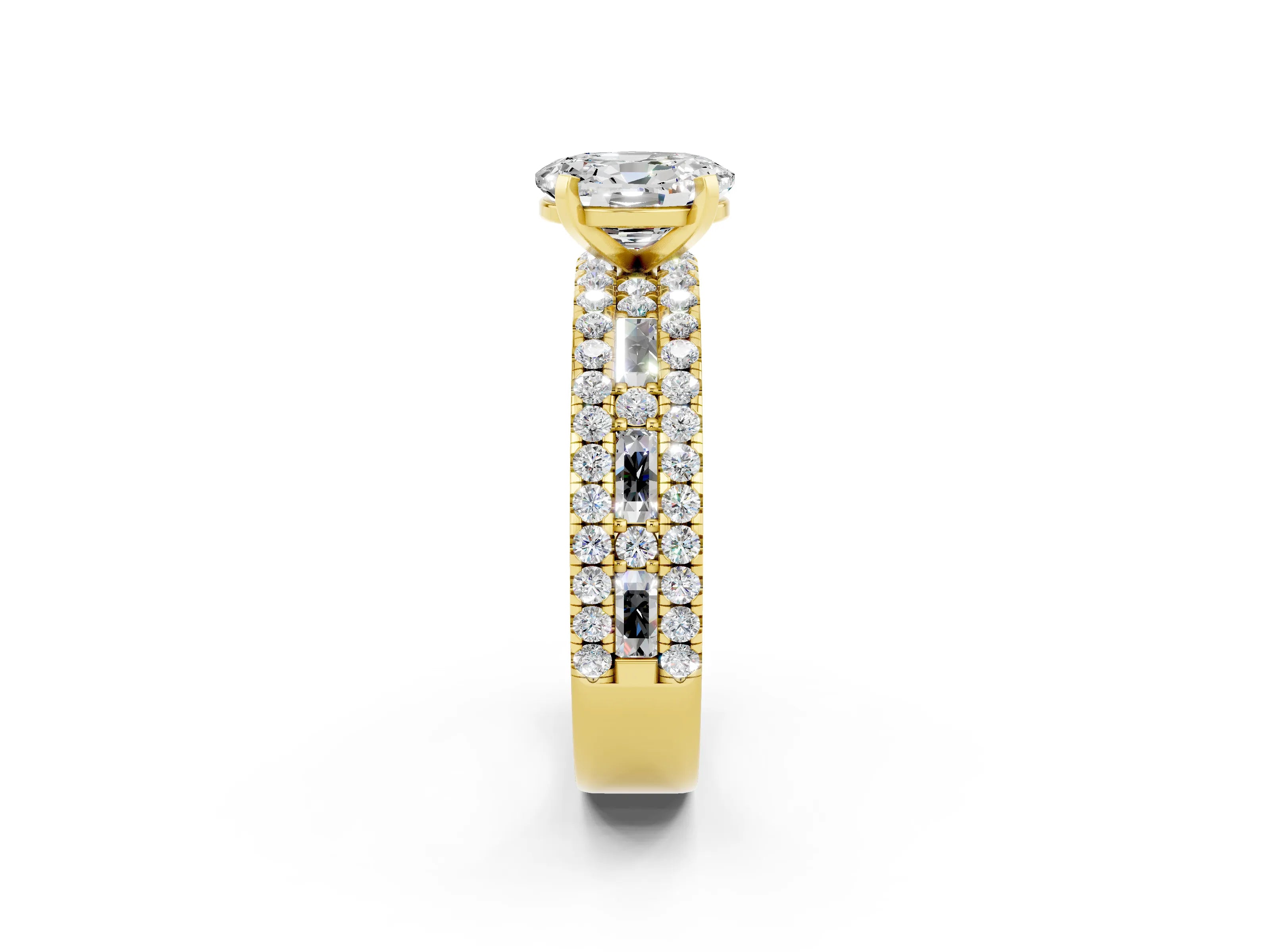 Yellow gold Oval Cut Moissanite Solitaire Ring with Pavé and Channel Set Band_2