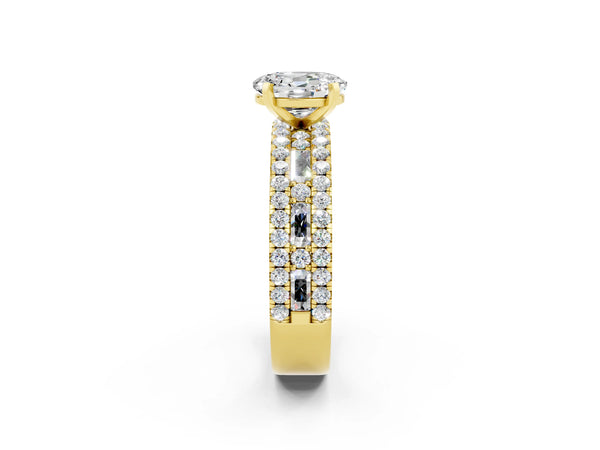 Yellow gold Oval Cut Moissanite Solitaire Ring with Pavé and Channel Set Band