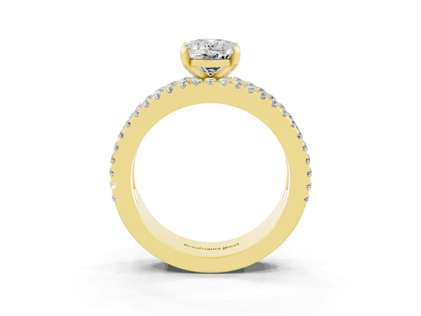 Yellow gold Oval Cut Moissanite Solitaire Ring with Pavé and Channel Set Band