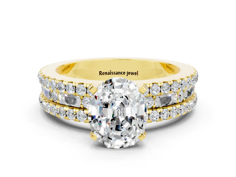 Yellow gold Oval Cut Moissanite Solitaire Ring with Pavé and Channel Set Band