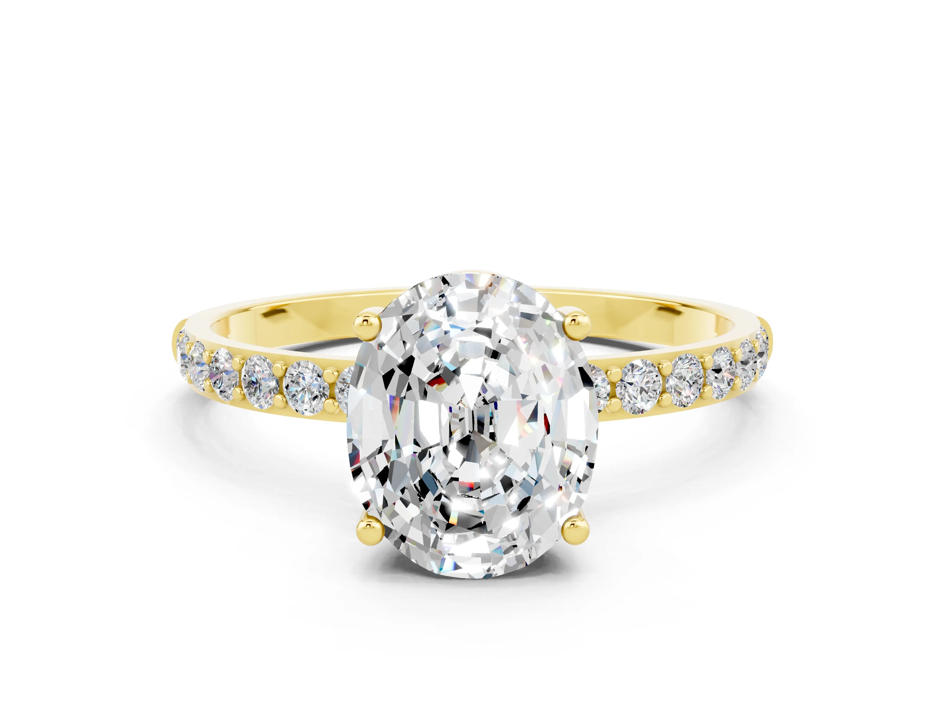 Yellow gold Oval Cut Moissanite Solitaire Ring with Pave Band and Four Prong Setting_25