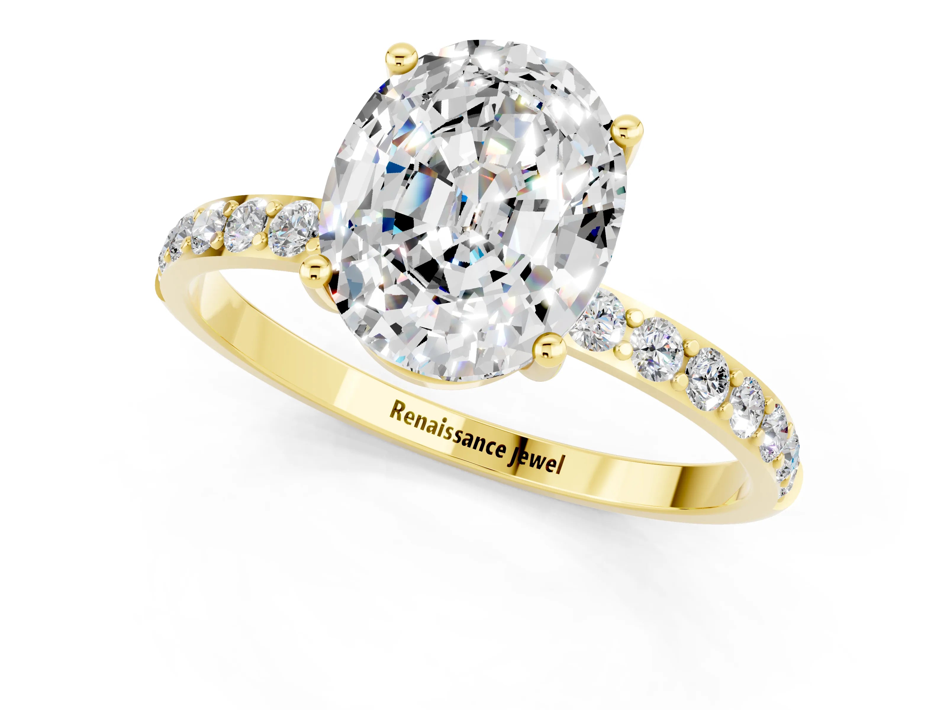 Yellow gold Oval Cut Moissanite Solitaire Ring with Pave Band and Four Prong Setting_26