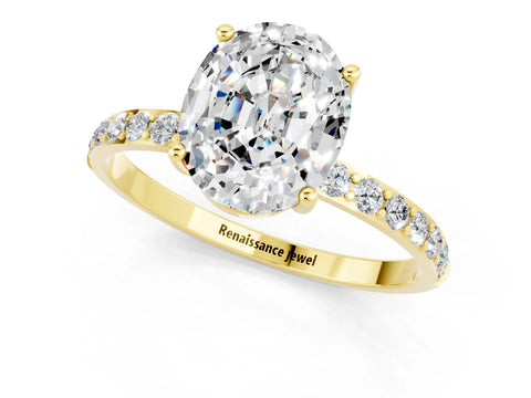 Yellow gold Oval Cut Moissanite Solitaire Ring with Pave Band and Four Prong Setting_26