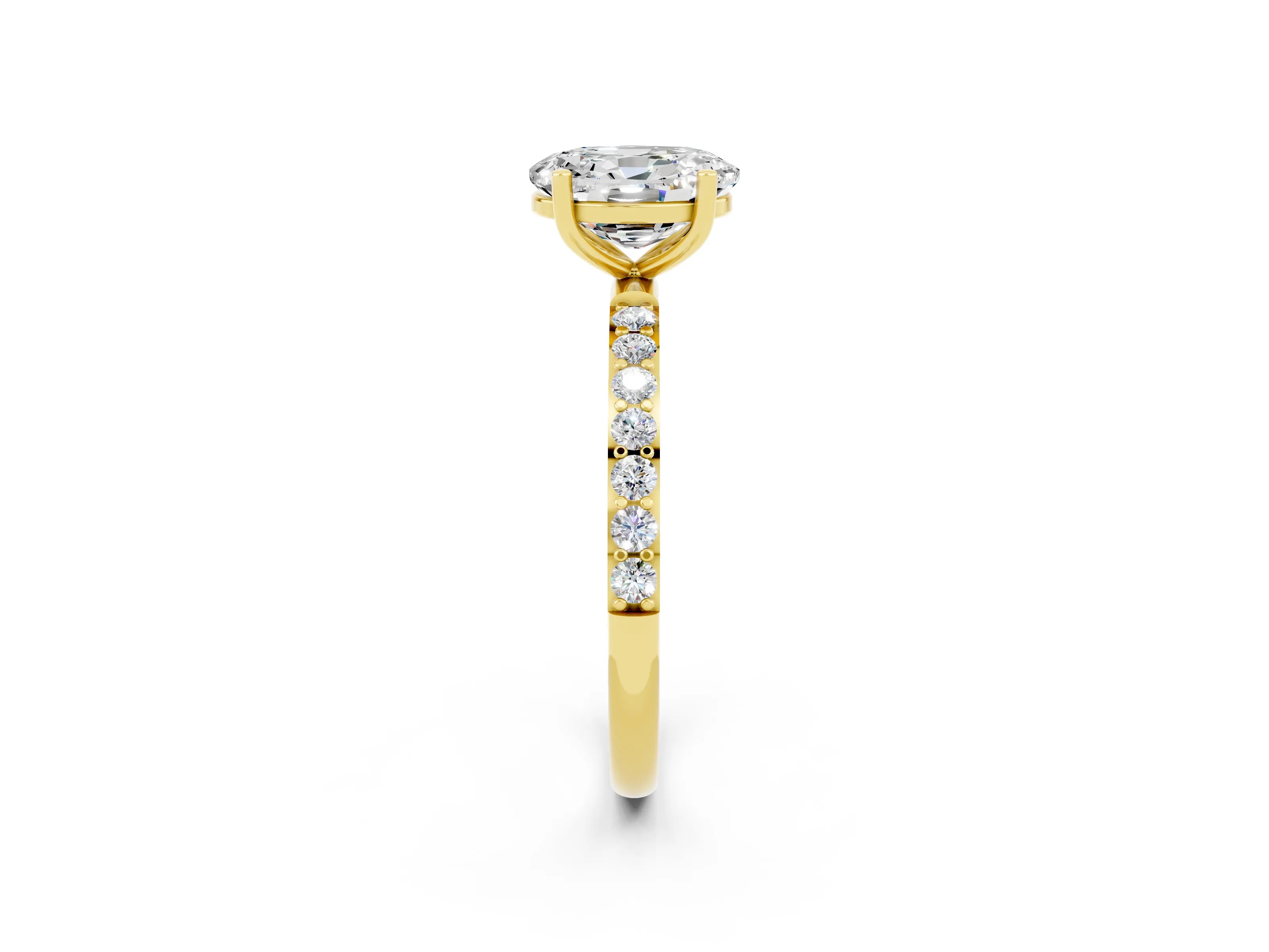 Yellow gold Oval Cut Moissanite Solitaire Ring with Pave Band and Four Prong Setting_27
