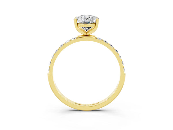 Yellow gold Oval Cut Moissanite Solitaire Ring with Round  Pavé Band and Prong Setting