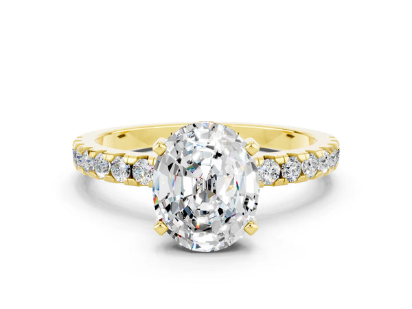Yellow gold Oval Cut Moissanite Solitaire Ring with Round Pavé Band and Four-Prong Setting