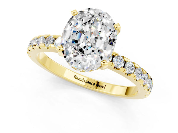 Yellow gold Oval Cut Moissanite Solitaire Ring with Round Pavé Band and Four-Prong Setting