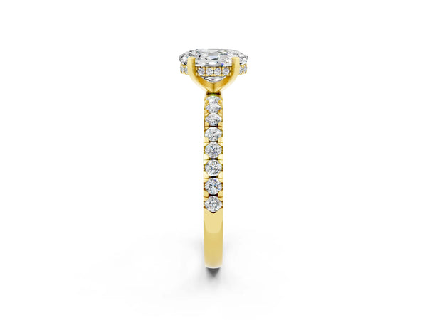 Yellow gold Oval Cut Moissanite Solitaire Ring with Round Pavé Band and Four-Prong Setting