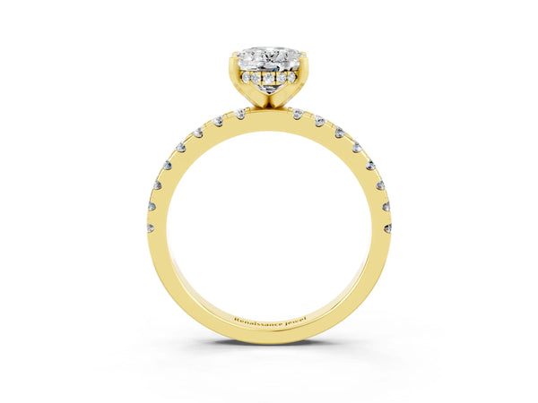Yellow gold Oval Cut Moissanite Solitaire Ring with Round Pavé Band and Four-Prong Setting