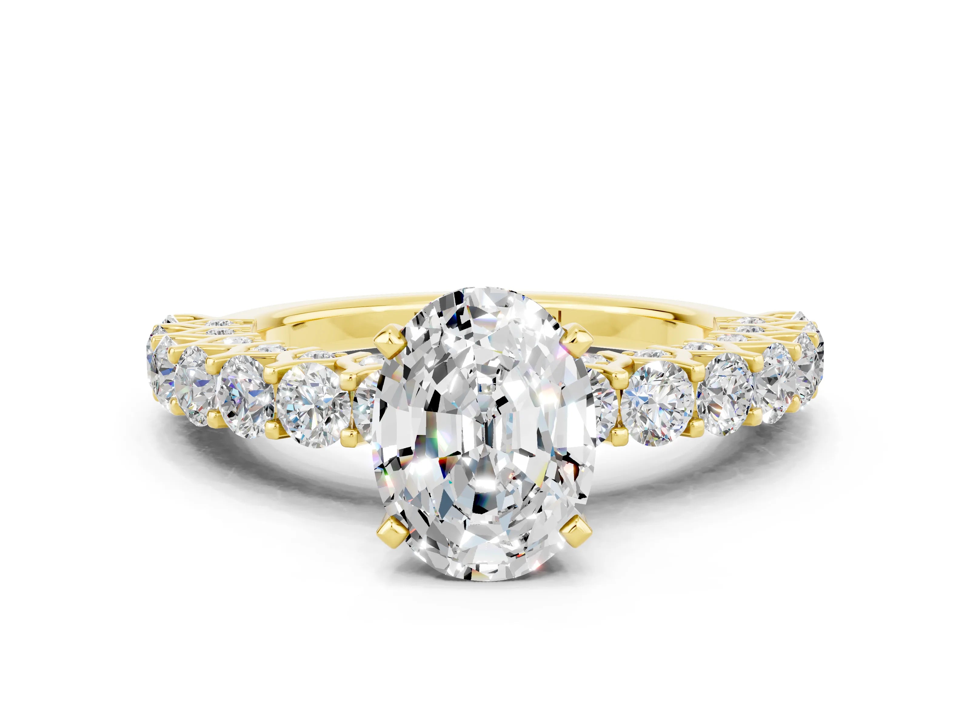 Yellow gold Oval Cut Moissanite Solitaire Ring with Shared Prong Pavé Band and Four-Prong Setting