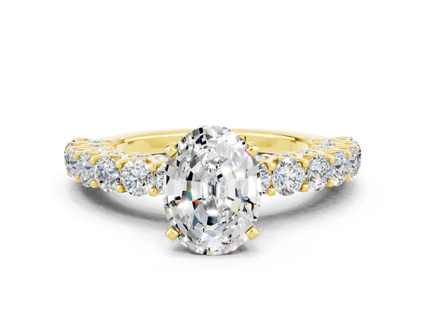 Yellow gold Oval Cut Moissanite Solitaire Ring with Shared Prong Pavé Band and Four-Prong Setting