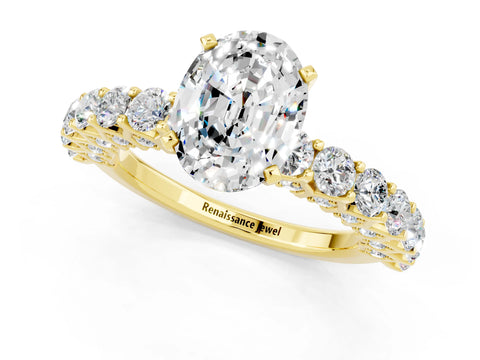 Yellow gold Oval Cut Moissanite Solitaire Ring with Shared Prong Pavé Band and Four-Prong Setting_1