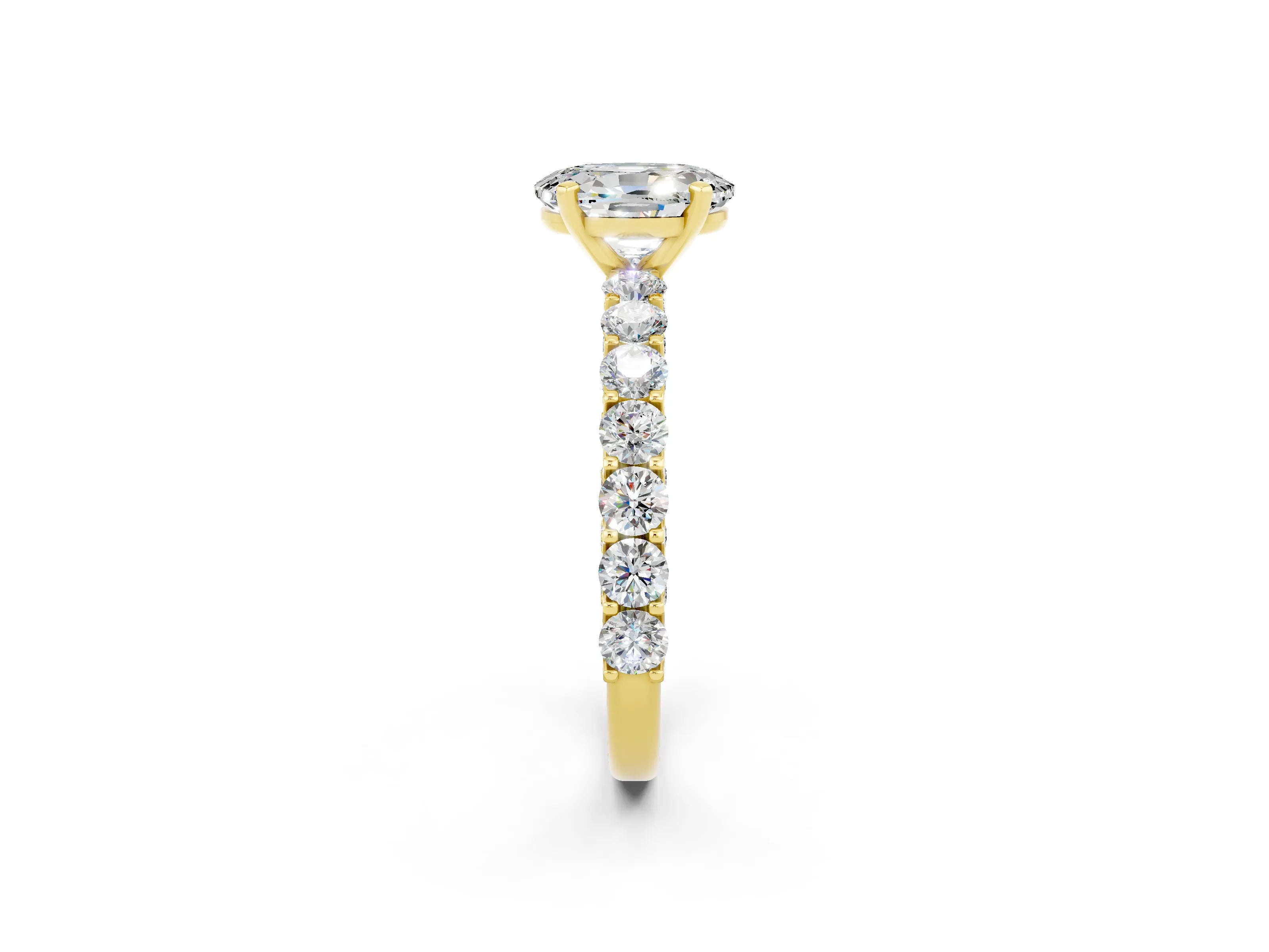 Yellow gold Oval Cut Moissanite Solitaire Ring with Shared Prong Pavé Band and Four-Prong Setting_2