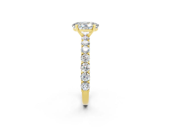 Yellow gold Oval Cut Moissanite Solitaire Ring with Shared Prong Pavé Band and Four-Prong Setting