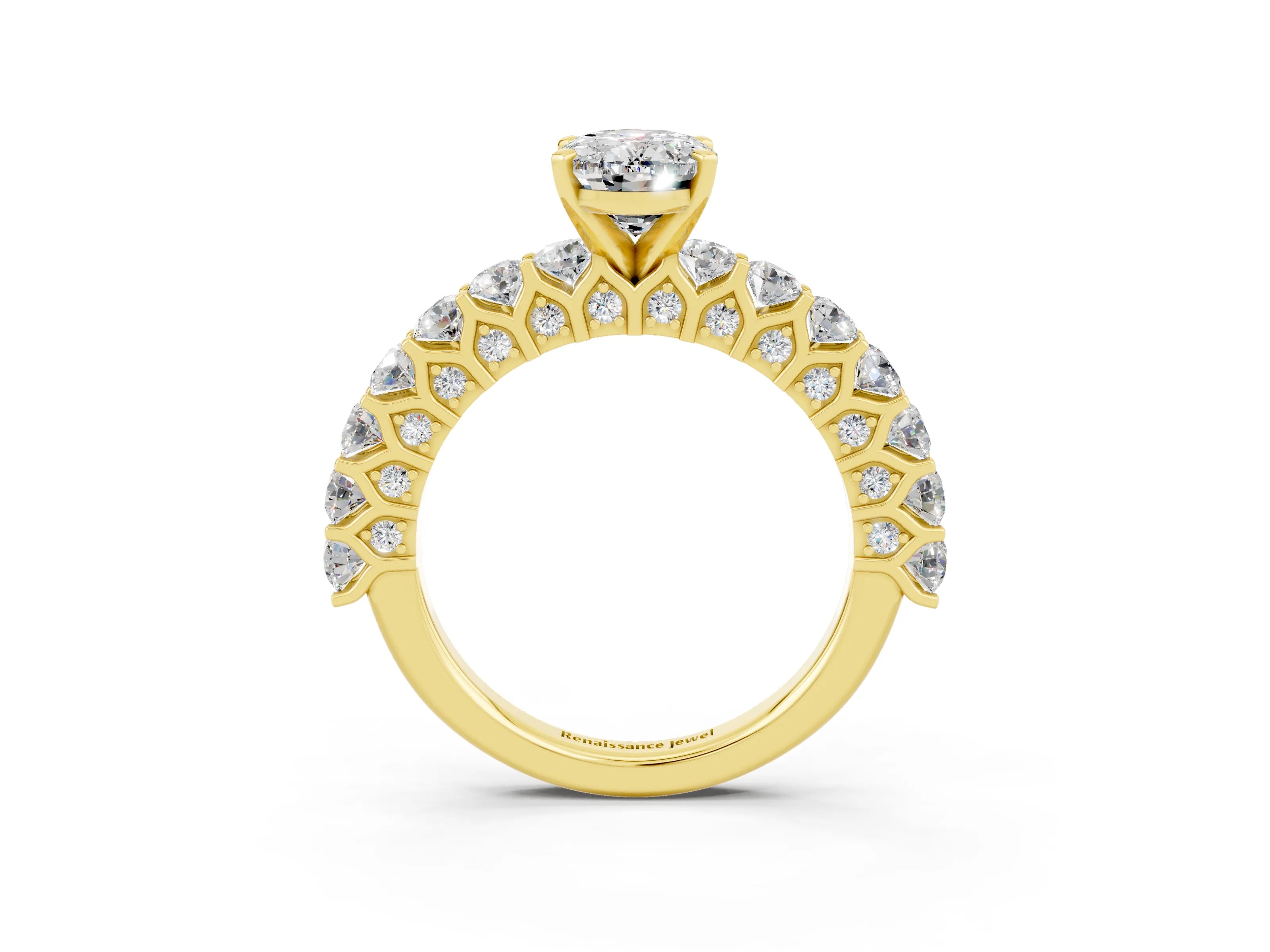 Yellow gold Oval Cut Moissanite Solitaire Ring with Shared Prong Pavé Band and Four-Prong Setting_3