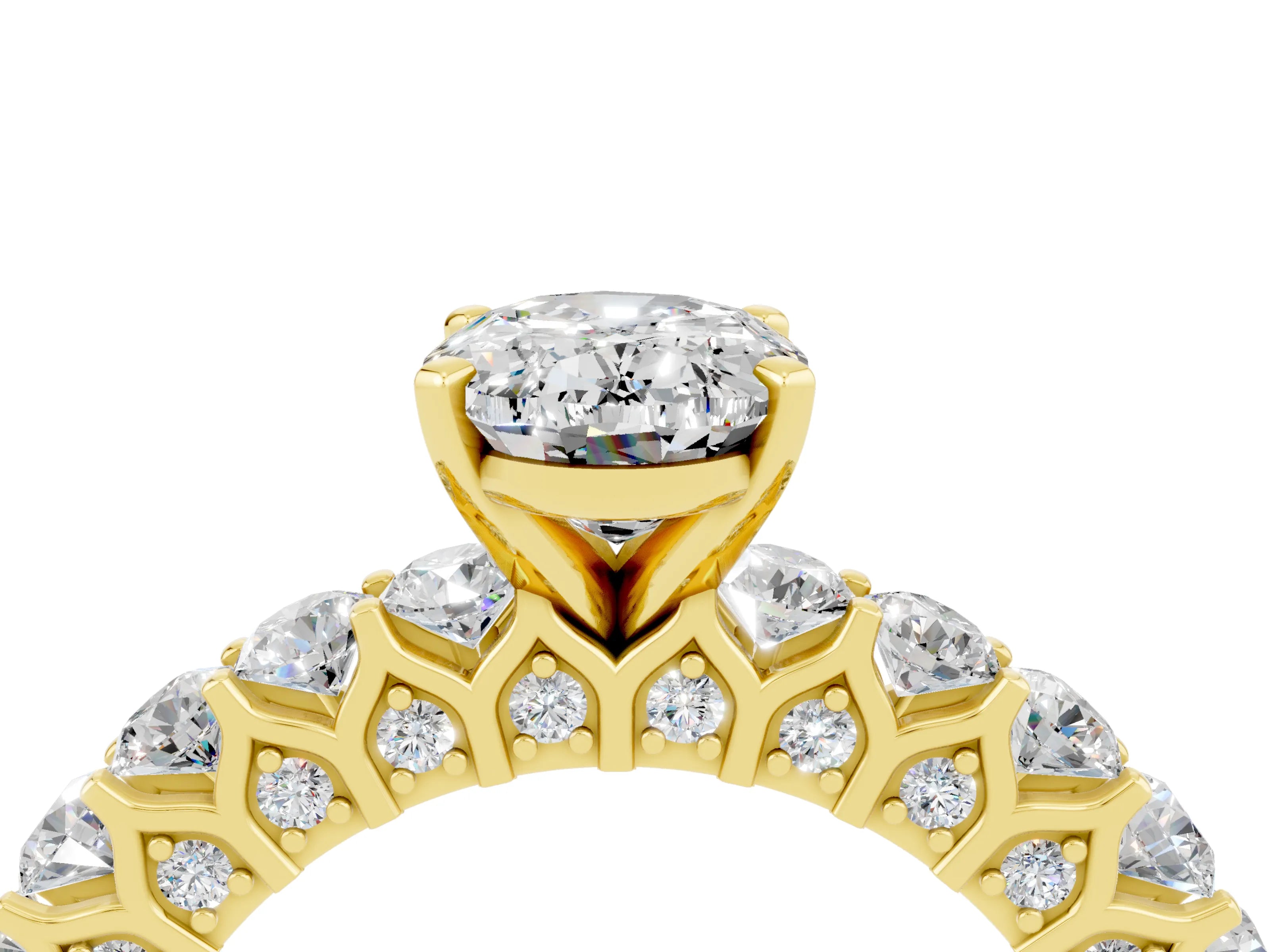 Yellow gold Oval Cut Moissanite Solitaire Ring with Shared Prong Pavé Band and Four-Prong Setting_4