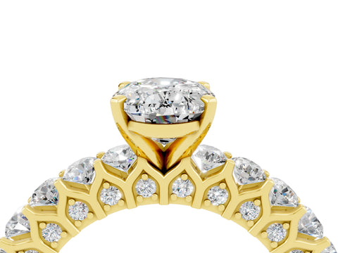 Yellow gold Oval Cut Moissanite Solitaire Ring with Shared Prong Pavé Band and Four-Prong Setting_4