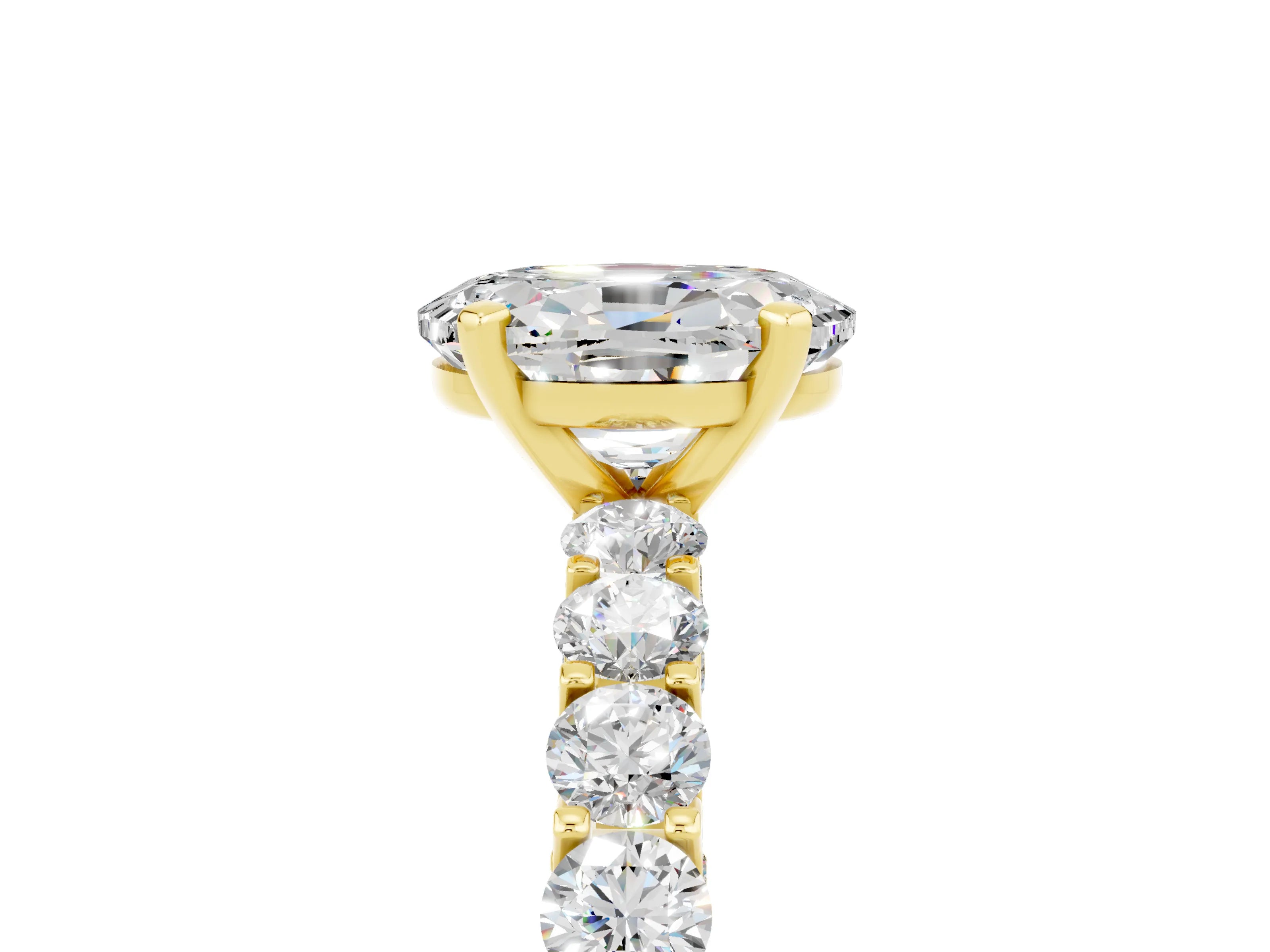 Yellow gold Oval Cut Moissanite Solitaire Ring with Shared Prong Pavé Band and Four-Prong Setting_5