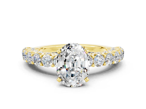 Yellow gold Oval Cut Moissanite Solitaire Ring with Shared Prong Pavé Band and Four-Prong Setting