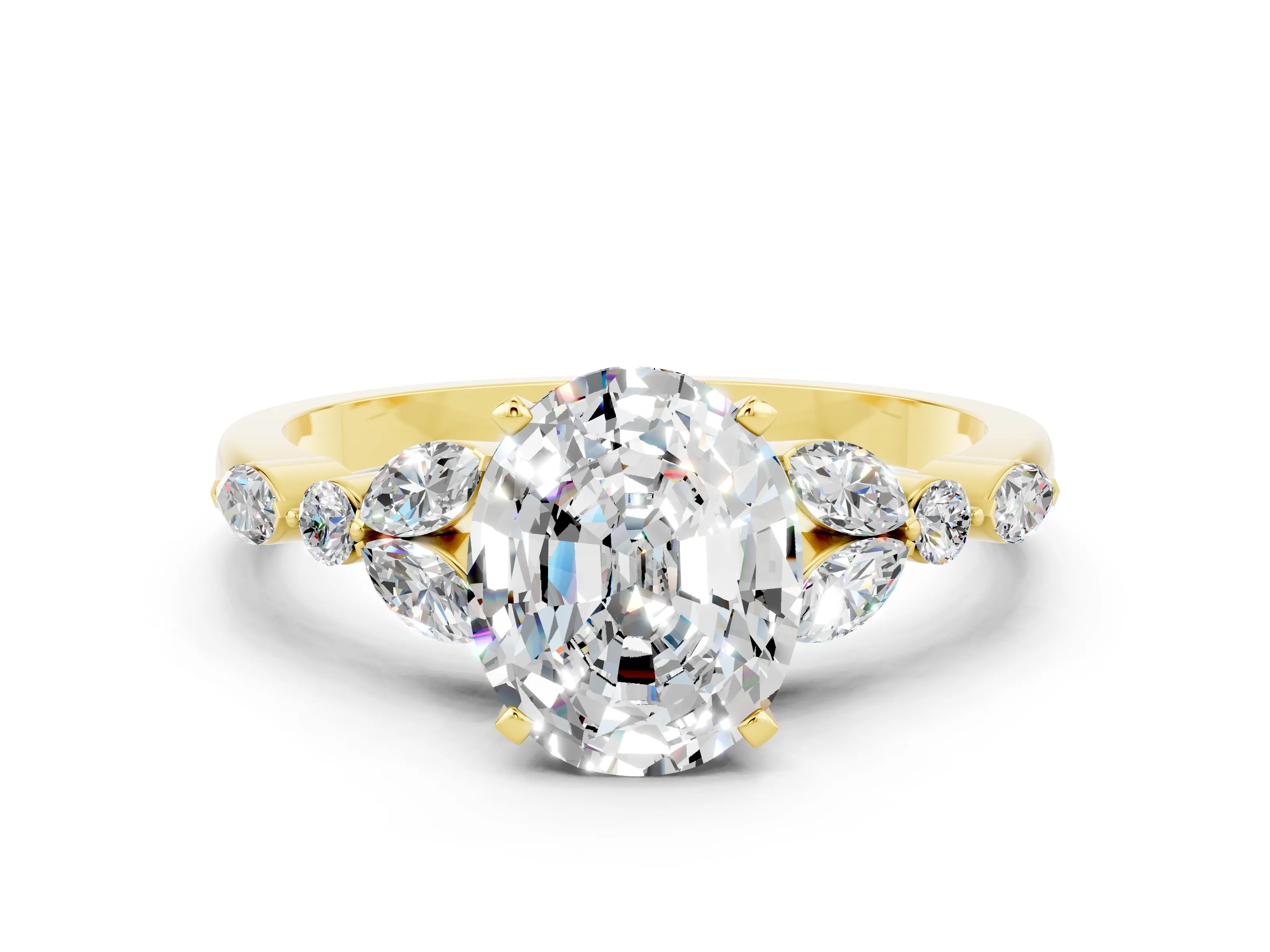 Yellow gold Oval Cut Moissanite Solitaire Ring with Side Stones and Four-Prong Setting_12