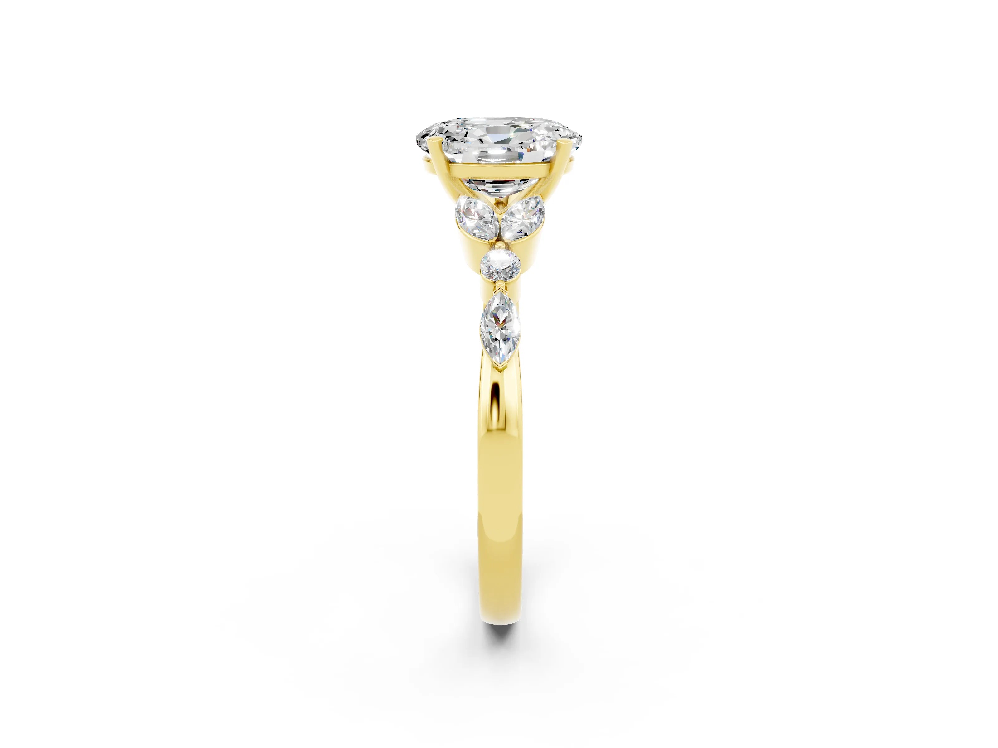 Yellow gold Oval Cut Moissanite Solitaire Ring with Side Stones and Four-Prong Setting_14