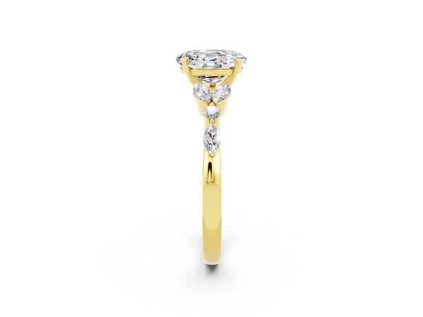 Yellow gold Oval Cut Moissanite Solitaire Ring with Side Stones and Four-Prong Setting