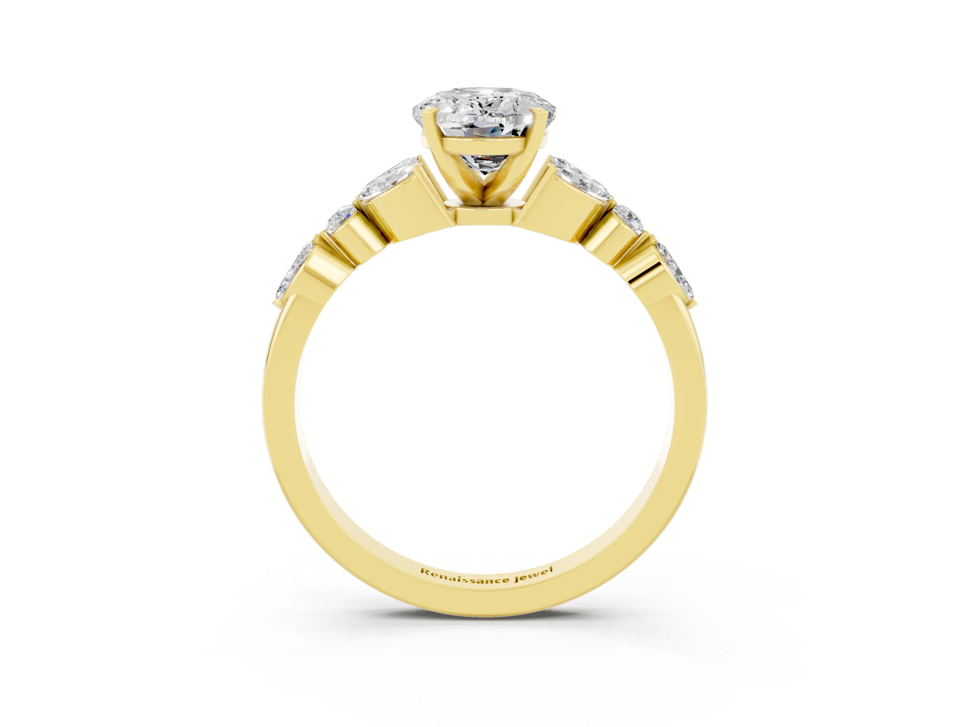 Yellow gold Oval Cut Moissanite Solitaire Ring with Side Stones and Four-Prong Setting_15